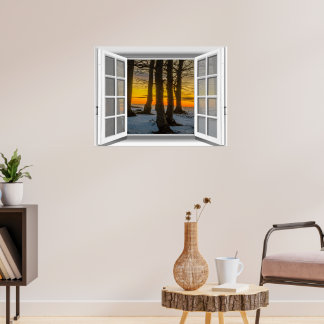 3D Fake Window View Trees At Sunset Poster
