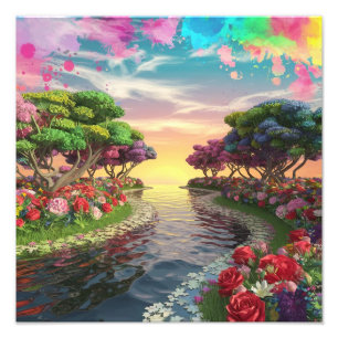 3D Fantasy Sunset Over Serene Lake with Vibrant  Photo Print