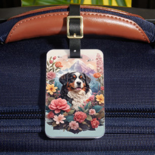 3D Floral Fantasy Bernese Mountain Dog Birds View Luggage Tag