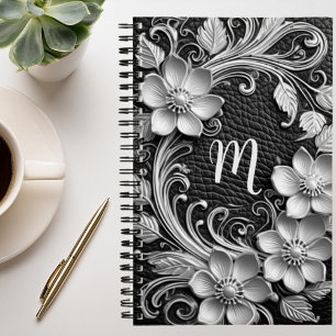 3D Floral frame embossed leather look  monogram Notebook