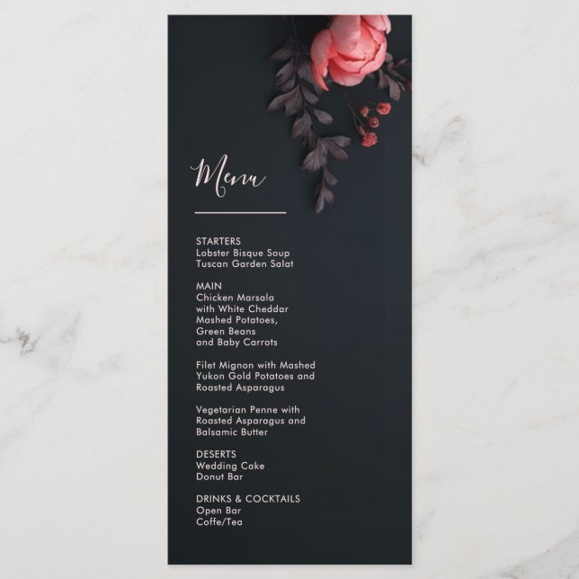 3D Flowers Rose Dark Romantic Wedding Menu (Front)