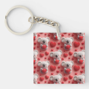 3D Fluffy Koala and Heart Seamless Pattern Key Ring