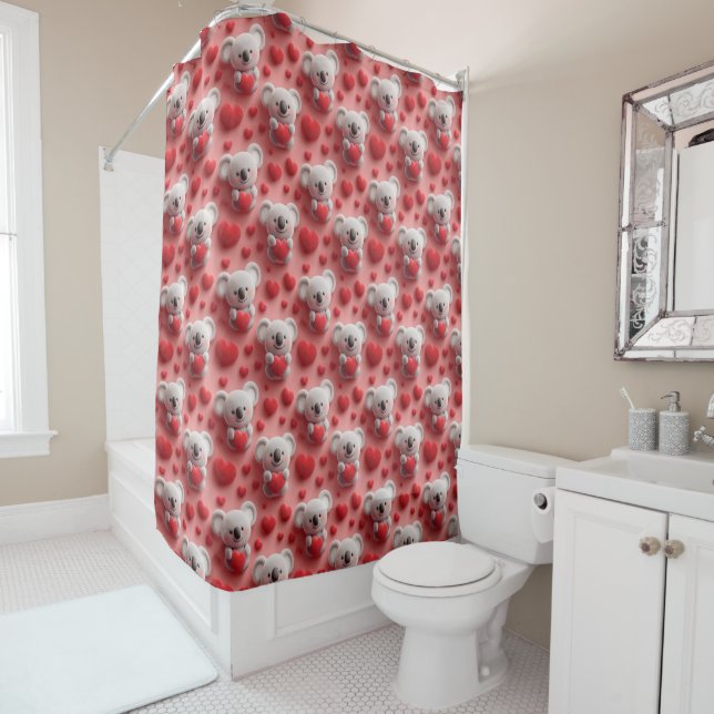 3D Fluffy Koala and Heart Seamless Pattern Shower Curtain (In Situ)