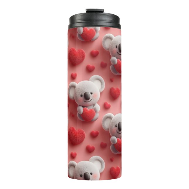 3D Fluffy Koala and Heart Seamless Pattern Thermal Tumbler (Front)