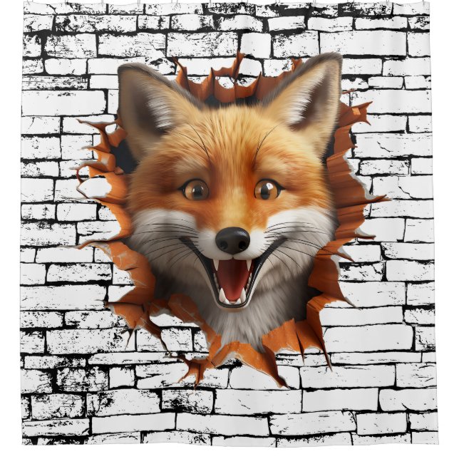 3D Fox Wall Break Art – Realistic Safari Shower Curtain (Front)