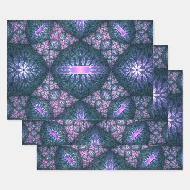 3D Fractal Art Abstract Pattern Blue Purple Pink Wrapping Paper Sheet (Set)