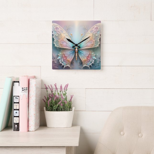 3D Fractal Art Pastel Butterfly, Square Wall Clock (Reading Room)