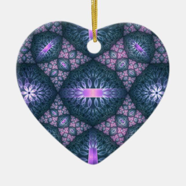 3D Fractal Art Pattern Turquoise Purple Pink Heart Ceramic Tree Decoration (Front)
