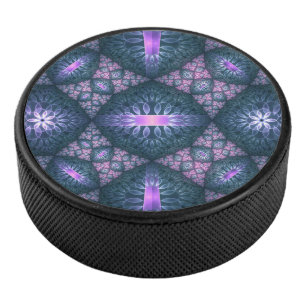 3D Fractal Art Pattern Turquoise Purple Pink Hockey Puck