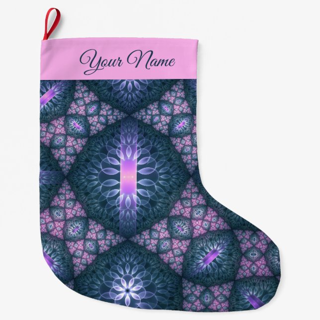 3D Fractal Art Pattern Turquoise Purple Pink Name Large Christmas Stocking (Front)
