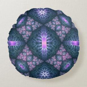 3D Fractal Art Pattern Turquoise Purple Pink Round Cushion