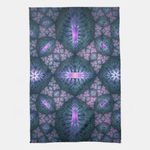 3D Fractal Art Pattern Turquoise Purple Pink Tea Towel