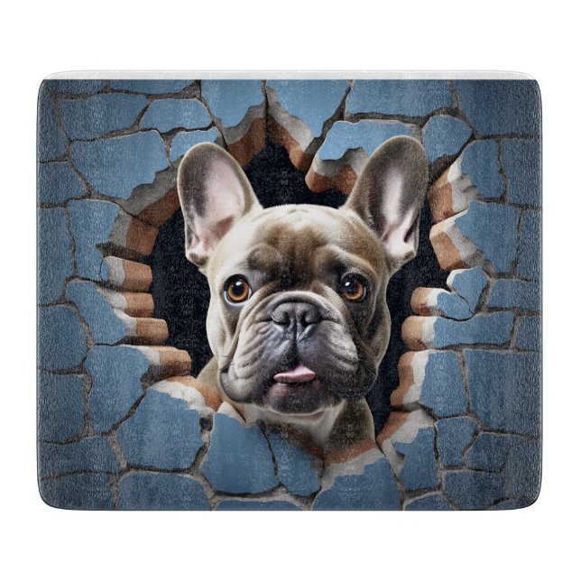 3D French Bulldog Cracked Hole Blue Wall Cutting Board (Front)