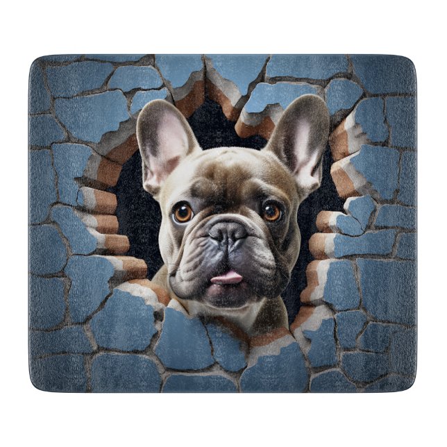 3D French Bulldog Cracked Hole Blue Wall Cutting Board (Front)