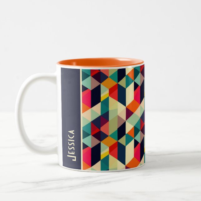 3D Geometric Pattern Mid Century RETRO Fonts Name Two-Tone Coffee Mug (Left)