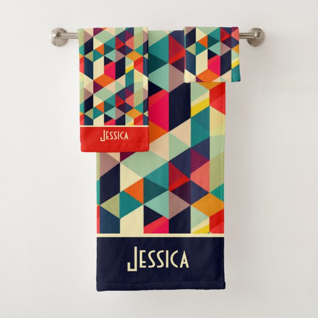 3D Geometric Pattern RETRO Monogrammed Name Bath Towel Set (Insitu)