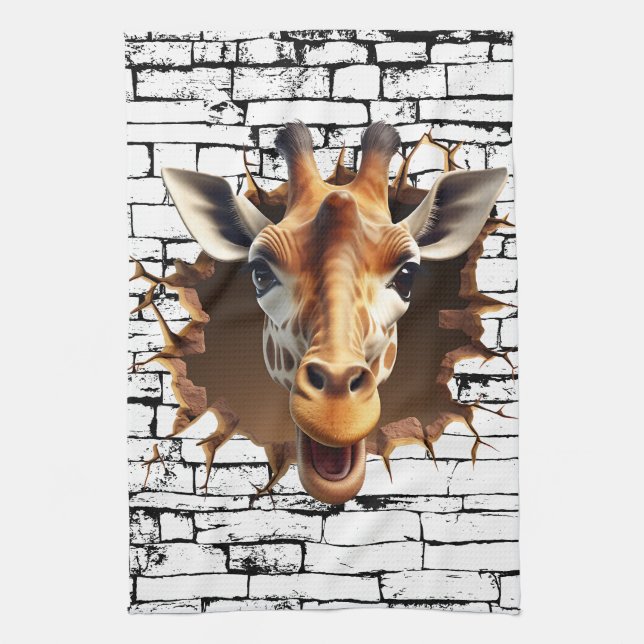 3D Giraffe Wall Break Art – Realistic Safari Tea Towel (Vertical)