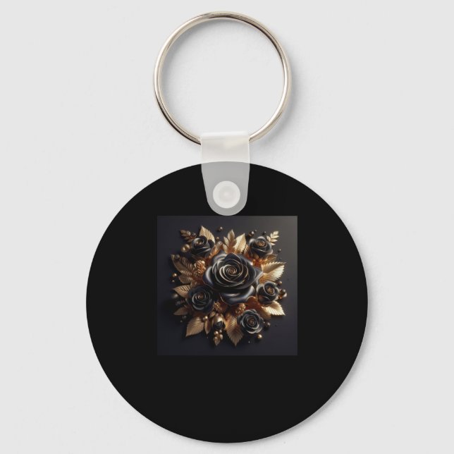 3d Gold Black Roses #4 Sticker  Key Ring (Front)