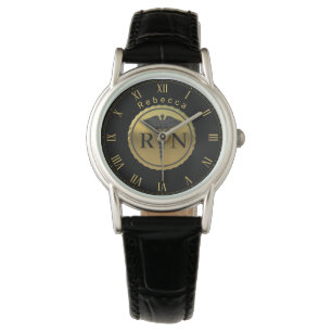 3D Gold Emblem Caduceus Registered Nurse RN Name Watch