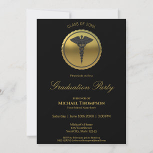 3D Gold Medical Caduceus Emblem Graduation Invitation