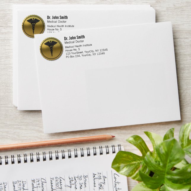 3D Gold Medical Caduceus Emblem Professional Envelope (Stacked)