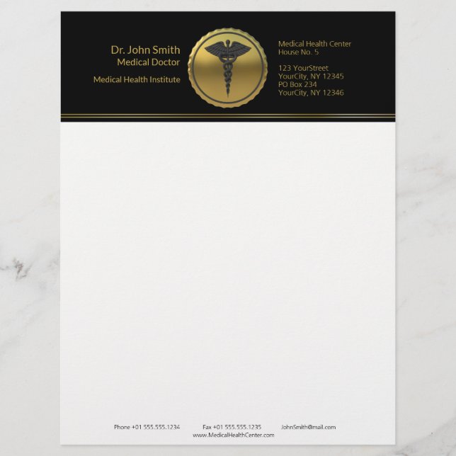 3D Gold Medical Professional Caduceus Emblem Custom Letterhead (Front)