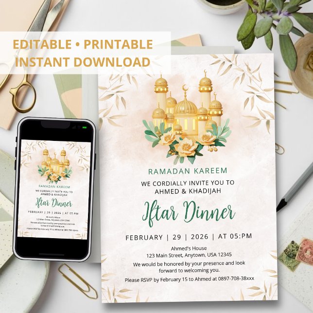 3D Gold Mosque and Floral Ramadan Iftar Dinner Invitation (Creator Uploaded)