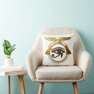 3D Golden Eye of Horus Winged Sun Disk Pyramids Cushion