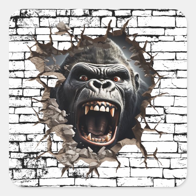 3D Gorilla Wall Break Art – Realistic Safari Square Sticker (Front)