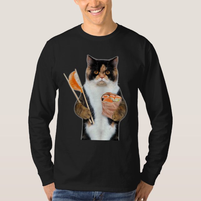 3d Graphic Calico Cat Eating Salmon Sushi Roll W C T-Shirt (Front)