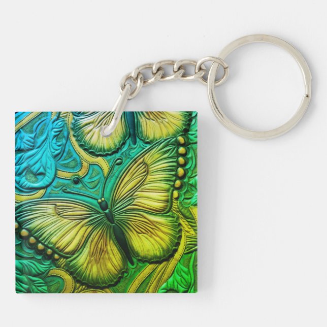 3D Green and Turquoise Butterfly Keychain (Back)