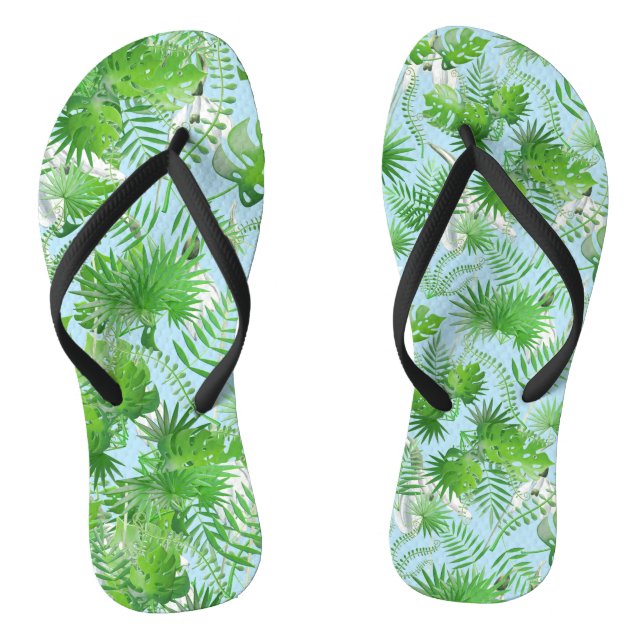 3D Green Leaves Pattern 01x4 LBlue BG Jandals (Footbed)