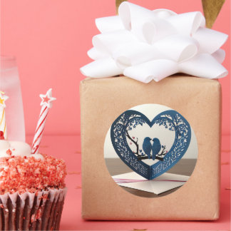 3D Heart Shaped Greeting Card with Birds Classic Round Sticker