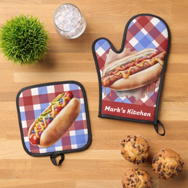 3D Hotdog Cook out Chef Kitchen Oven Mitt & Pot Holder Set (Top Down)