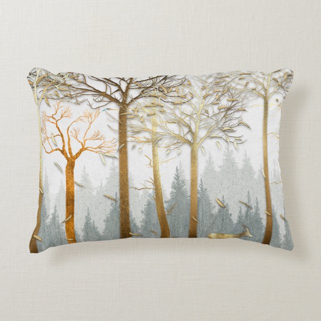3d illustration, grey and gold contours of trees,  decorative cushion (Front)