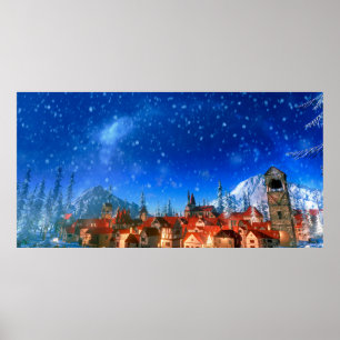 3d illustration of small alpine village at dawn. S Poster