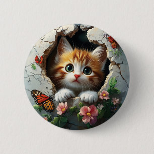 3D image of a cute little kitten peeking out 6 Cm Round Badge