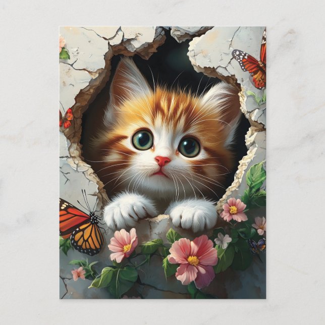 3D image of a cute little kitten peeking out  Postcard (Front)