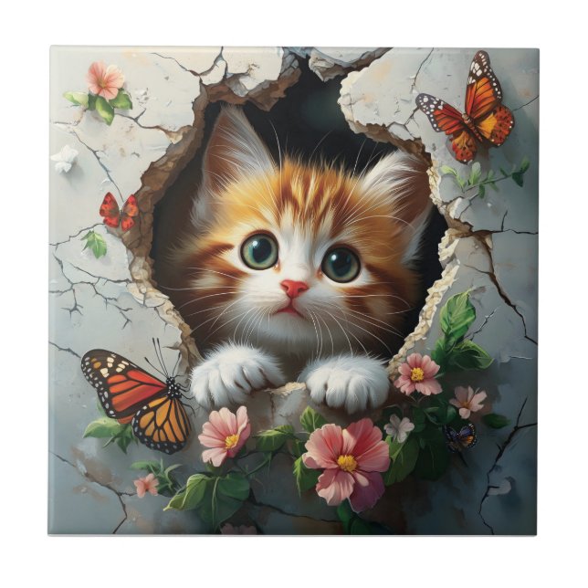 3D image of a cute little kitten peeking out  Tile (Front)