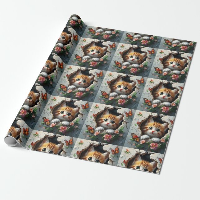 3D image of a cute little kitten peeking out  Wrapping Paper (Unrolled)