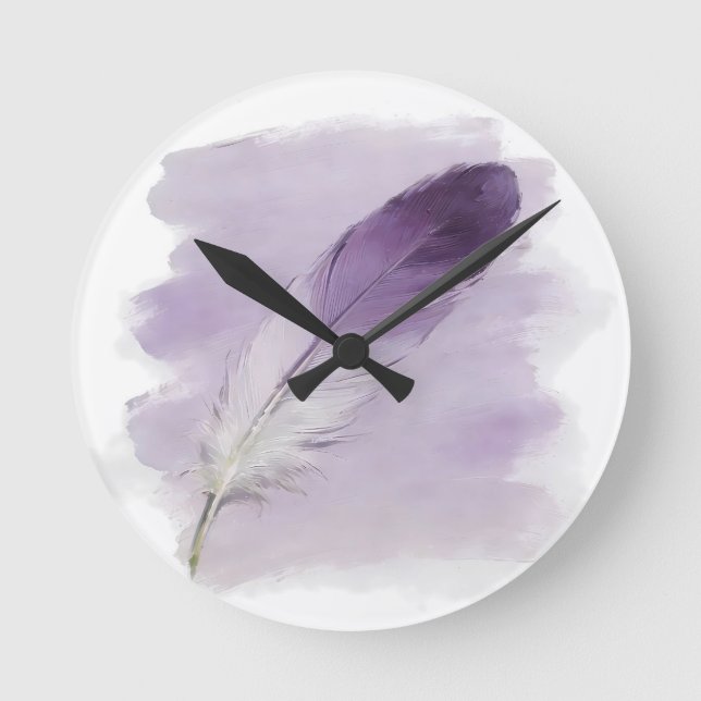 ⁠3D Impasto Watercolor Purple Feather Boho Modern⁠ Round Clock (Front)