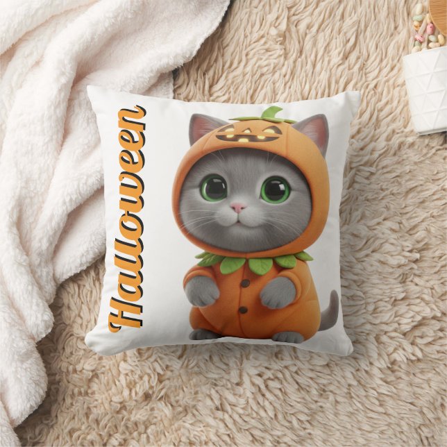 3D Kawaii Pumpkin Cat Halloween Throw Pillow (Blanket)