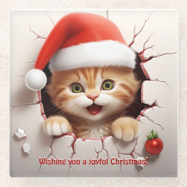 3D Kitten Christmas   Glass Coaster (Front)