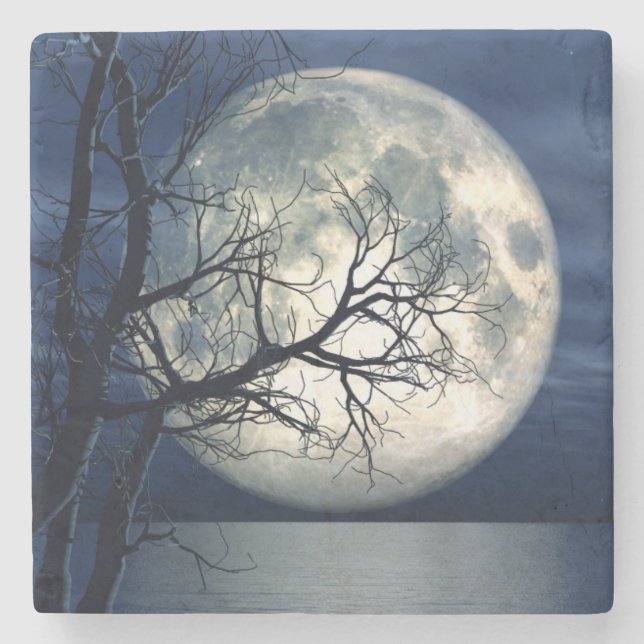 3D Landscape Background With Moon Over The Sea Stone Coaster (Front)
