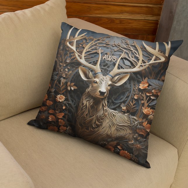 3d Large Antler Buck Deer Rustic Monogram Cushion (Perfect for the old hunting cabin.)