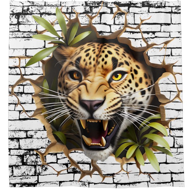 3D Leopard Wall Break Art – Realistic Safari Shower Curtain (Front)