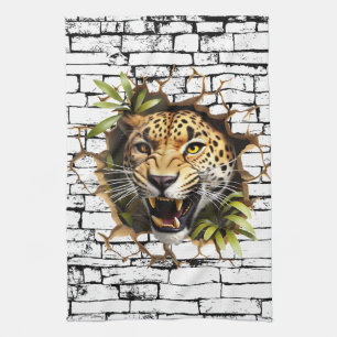 3D Leopard Wall Break Art – Realistic Safari Tea Towel