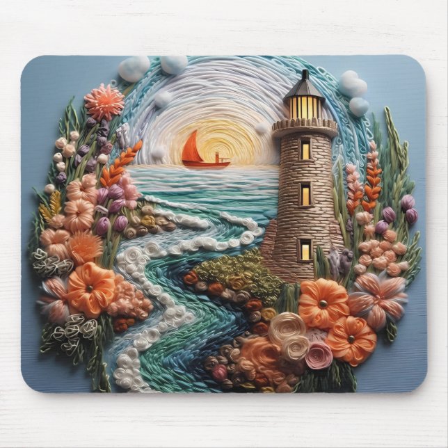 3D Lighthouse and Bay Sunset Mouse Pad (Front)
