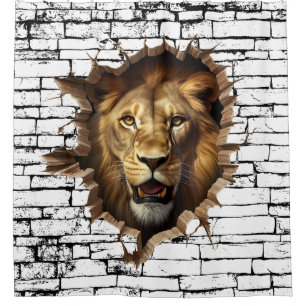 3D Lion Wall Break Art – Realistic Safari Shower Curtain