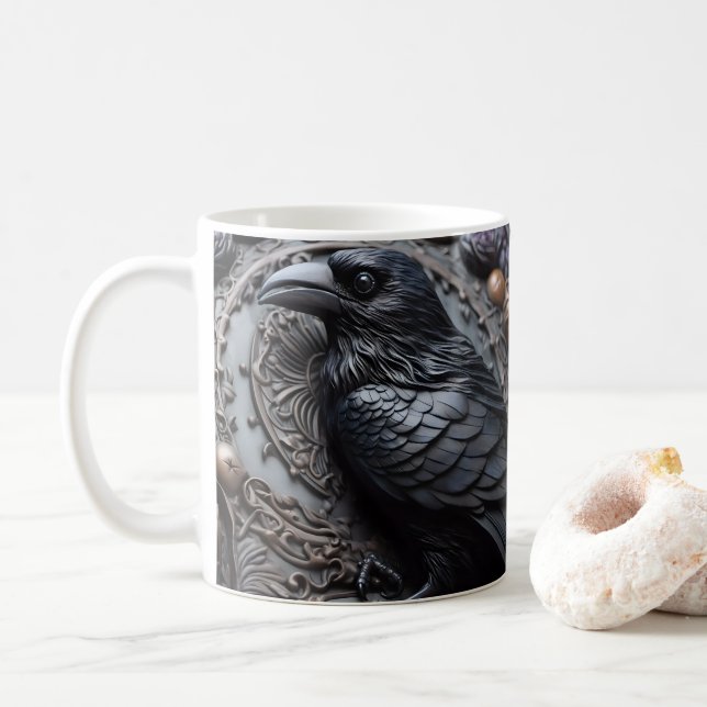 3D Looking Printed Black Raven Bird Coffee Mug (With Donut)